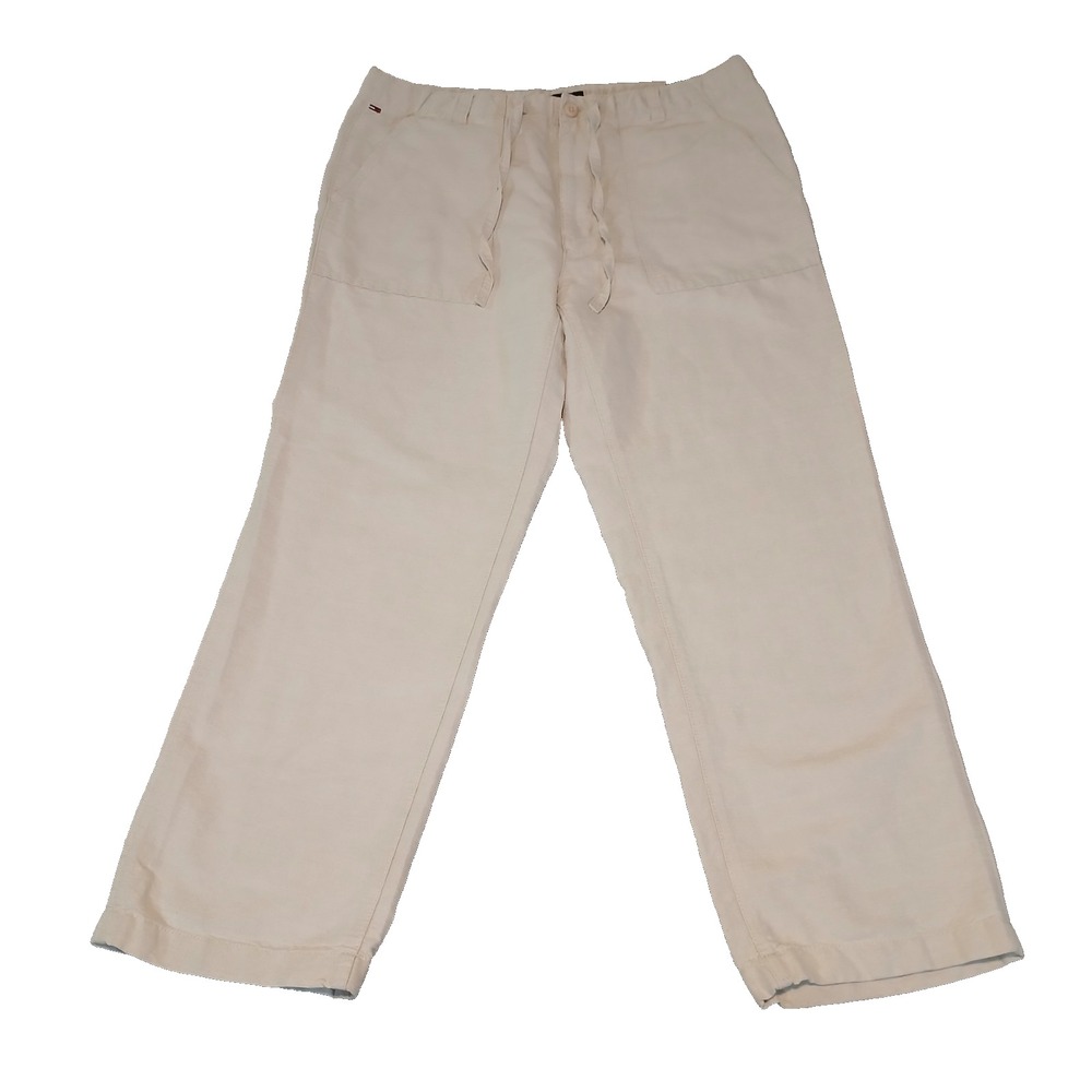 TOMMY HILFIGER Pants Men 36x30 Linen Drawstring Slim Fit Lightweight Chino Beige